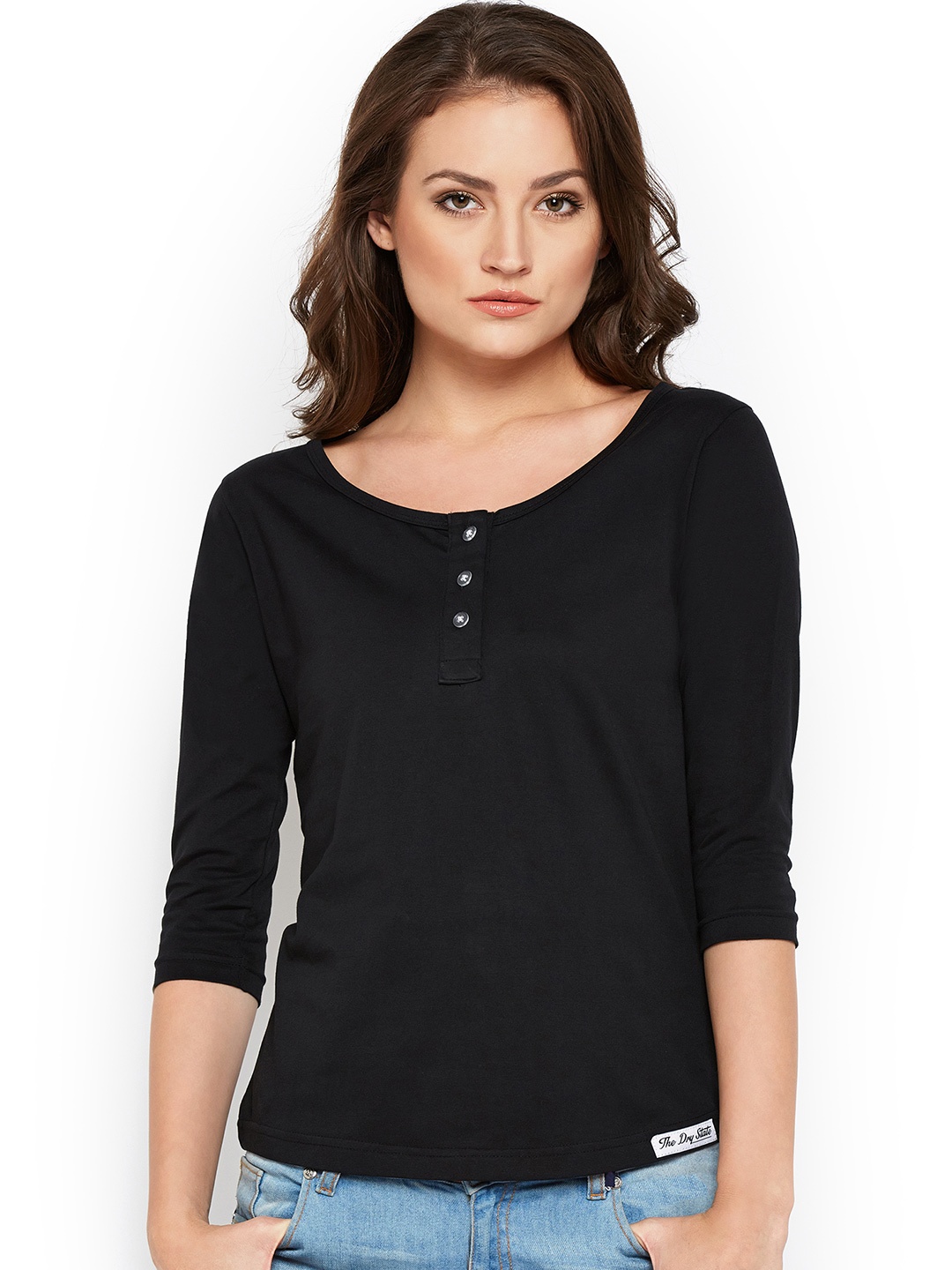 

The Dry State Women Black Solid Henley Neck T-shirt