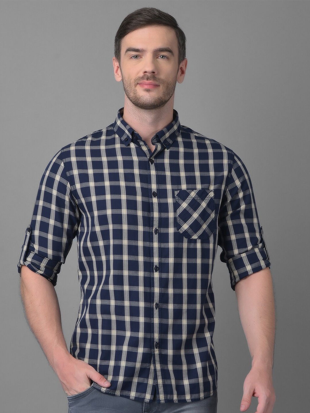

Canary London Men Navy Blue Smart Slim Fit Tartan Checks Casual Shirt