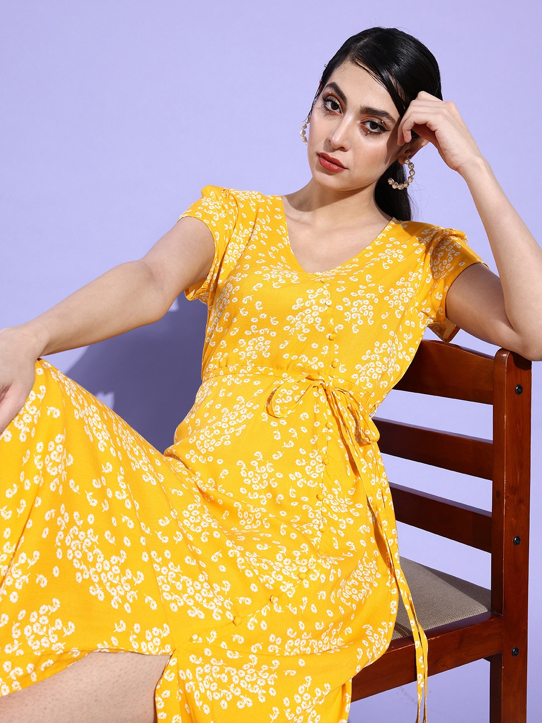 

M&H Our Water V-Neck Floral Print Belted Fit & Flare Midi Dress, Yellow