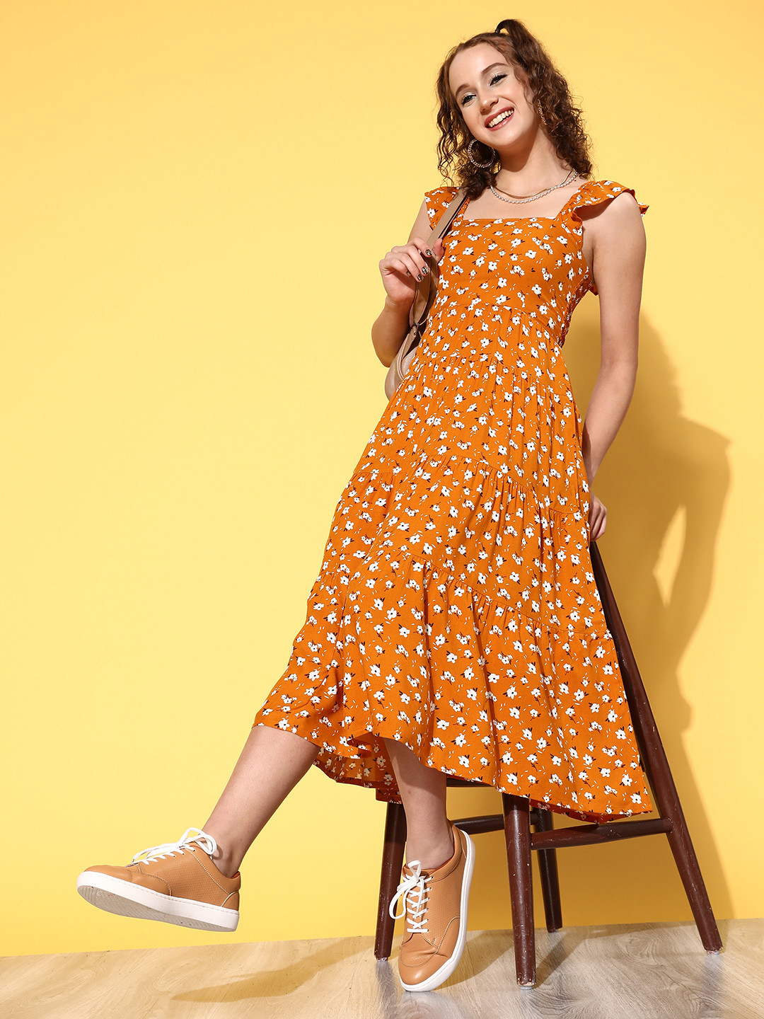 

Mast & Harbour Women Mustard Floral Resort Wear Dress