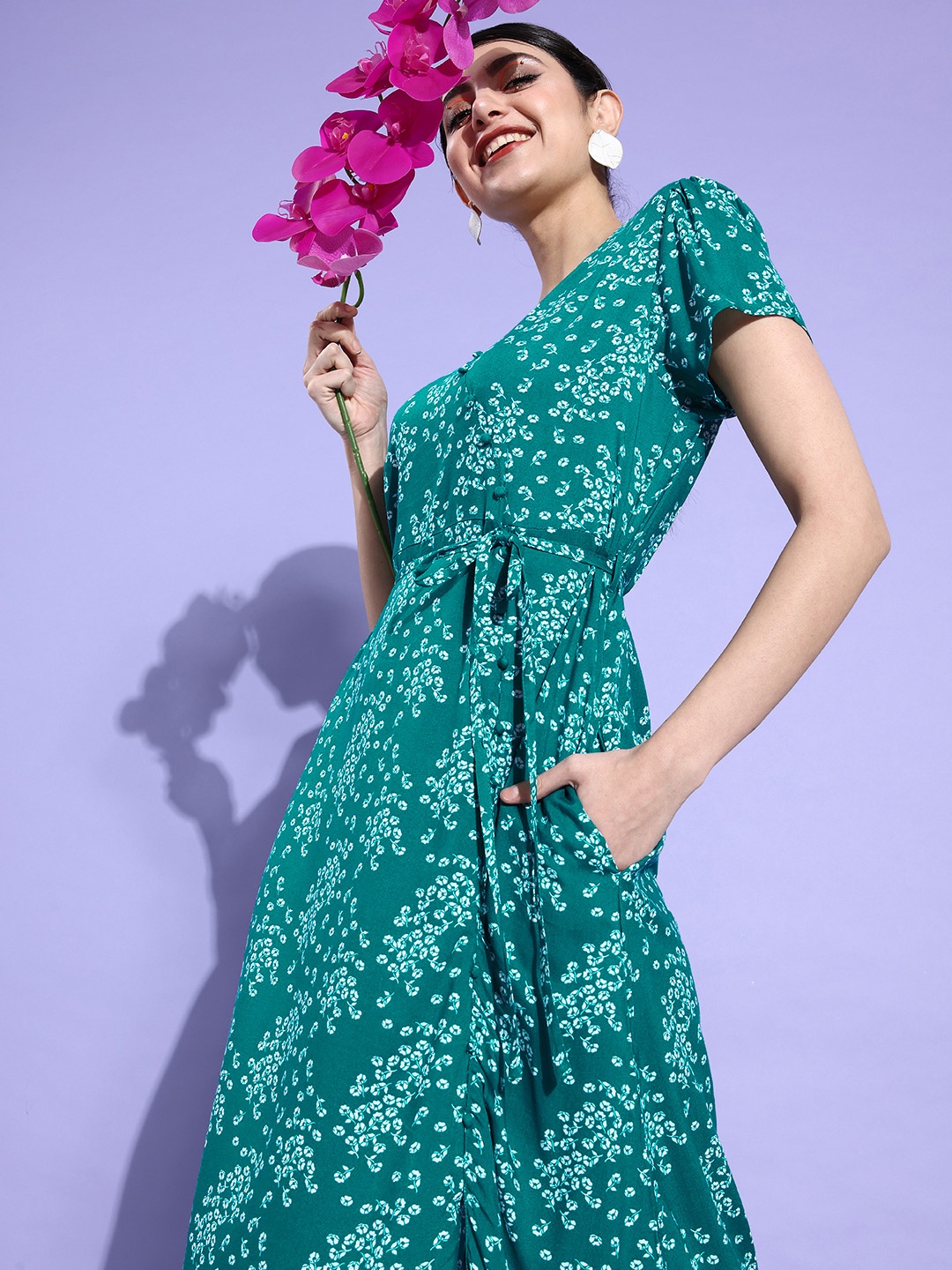 

M&H Our Water V-Neck Floral Print Belted Fit & Flare Midi Dress, Green