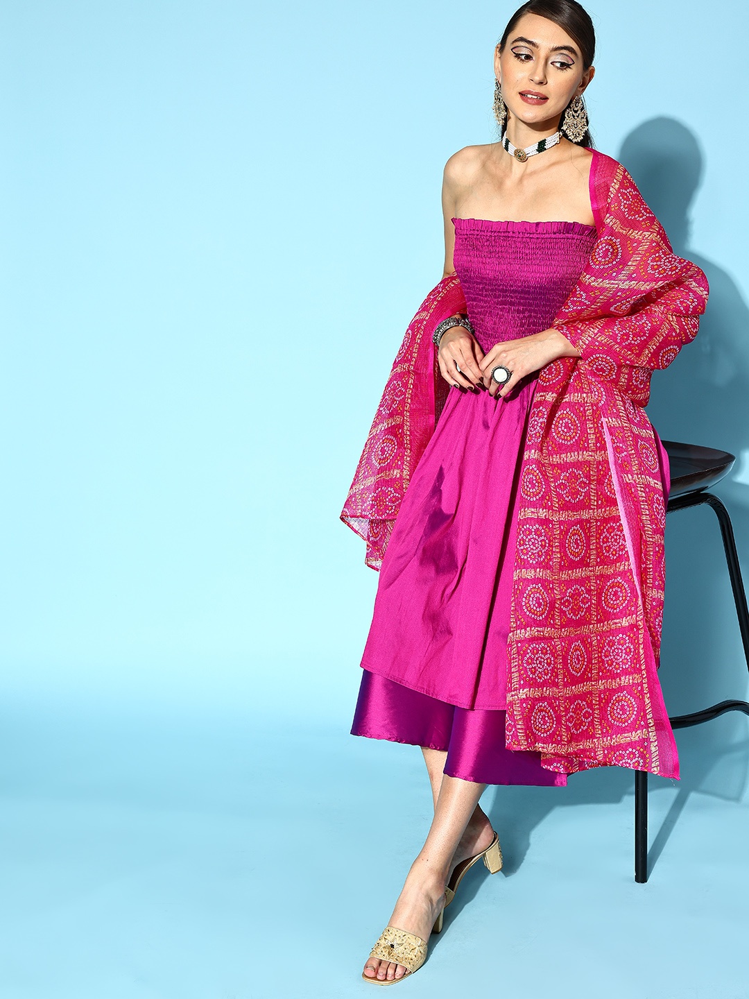 

InWeave Women Solid Art Silk Co-Ord Kurta Set, Magenta