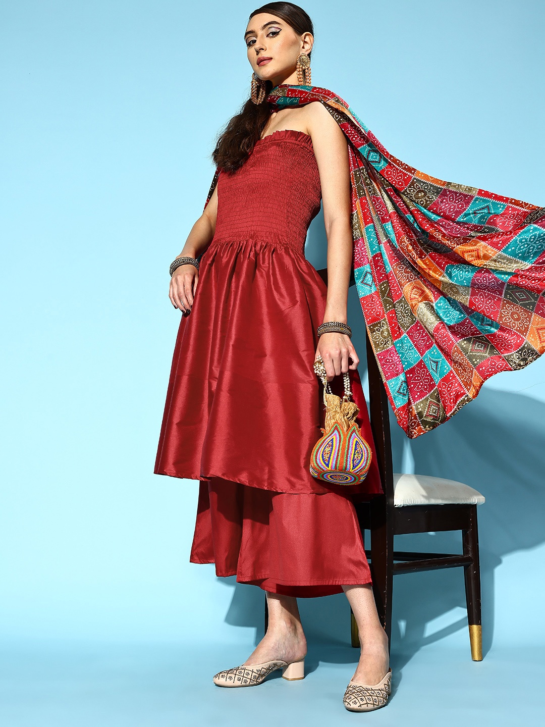 

InWeave Women Solid Art Silk Co-Ord Kurta Set, Maroon