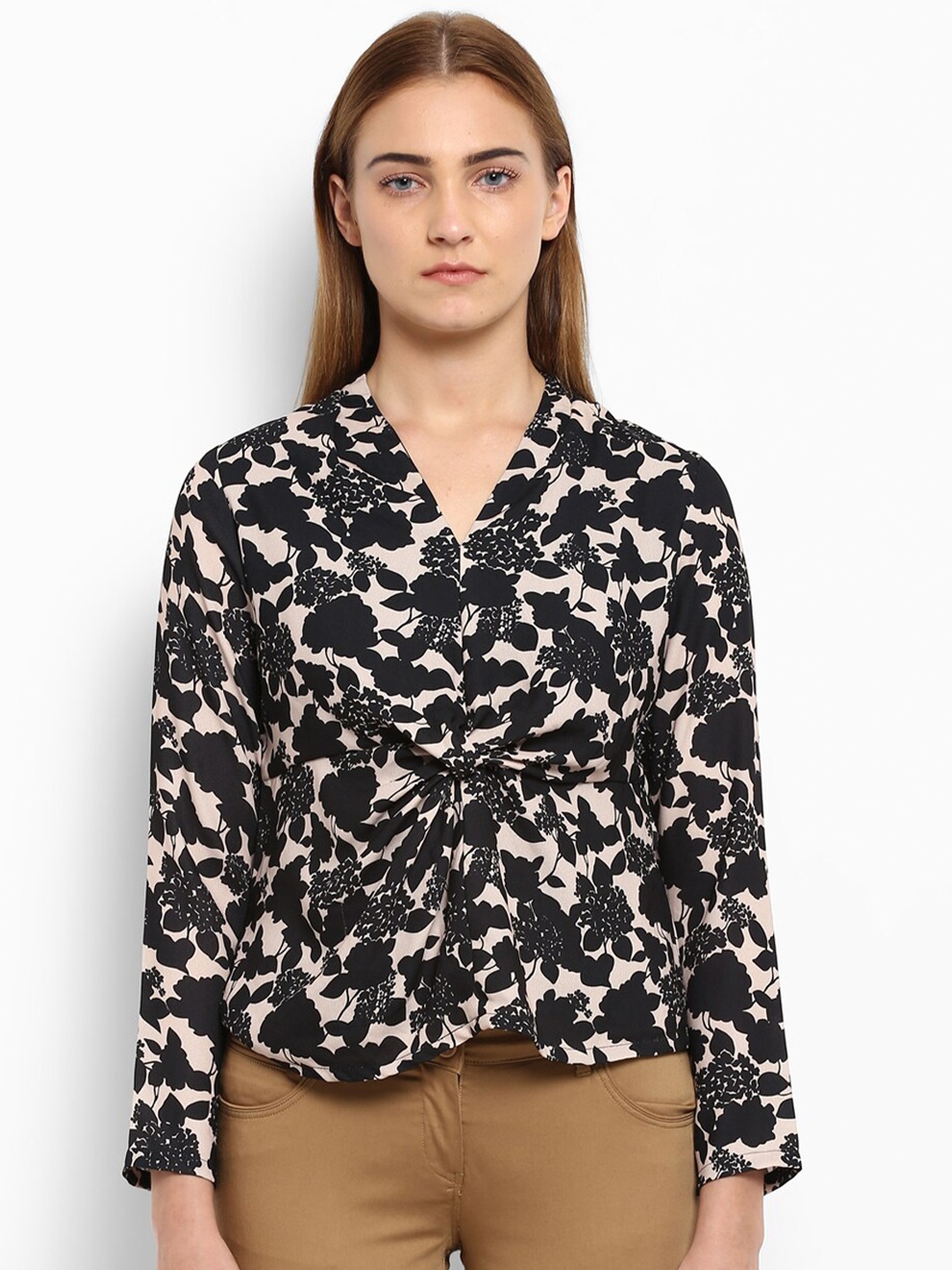 

Park Avenue Women Black & Off White Floral Print Mandarin Collar Top