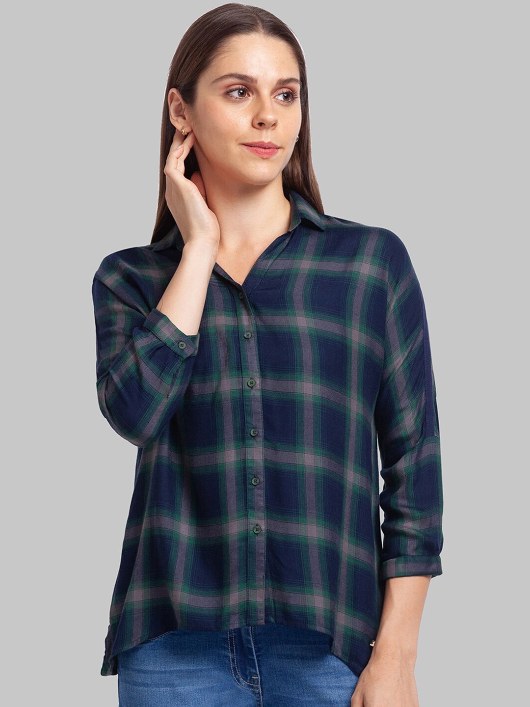 

Park Avenue Women Green And Blue Tartan Checks Casual Shirt