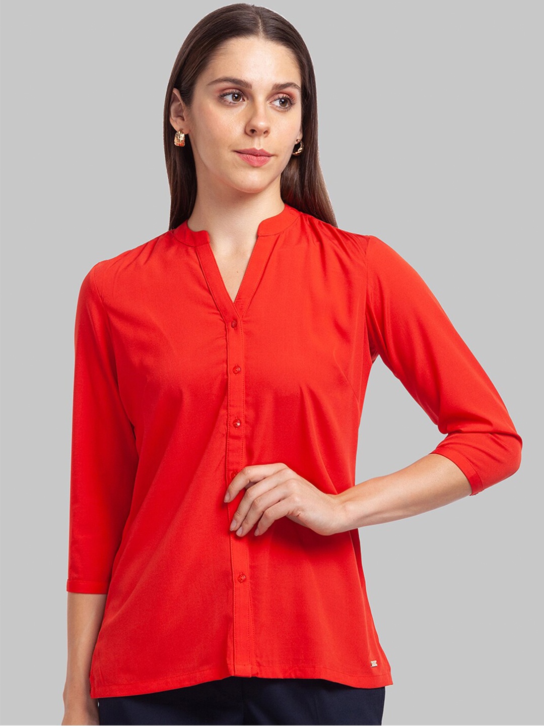 

Park Avenue Red Mandarin Collar Shirt Style Top