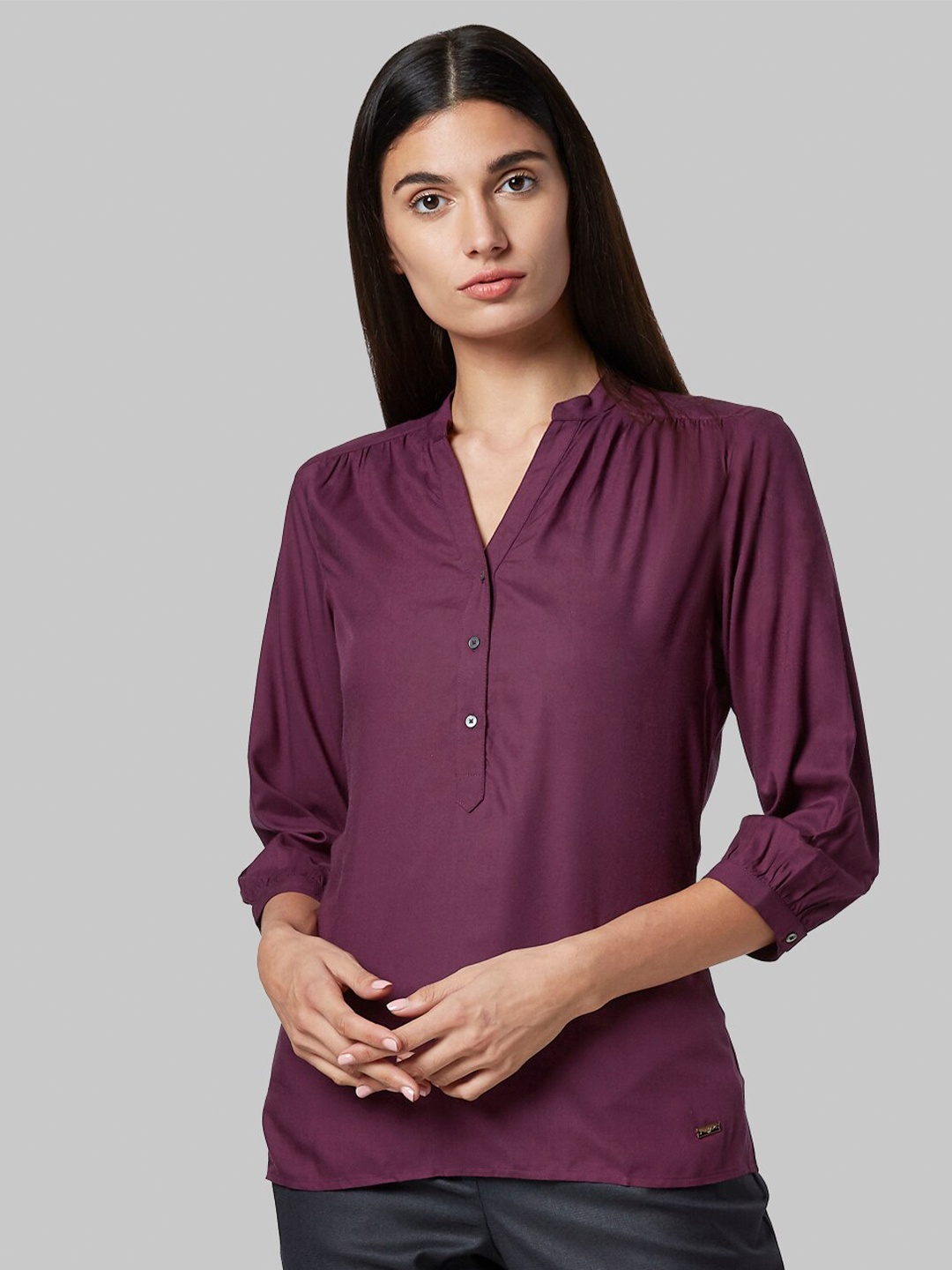 

Park Avenue Women Dark Violet Viscose Rayon Mandarin Collar Top