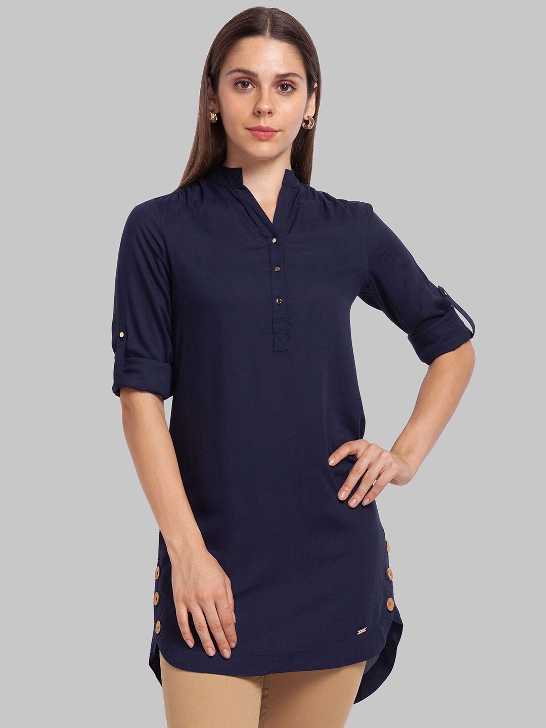 

Park Avenue Women Blue Mandarin Collar Roll-Up Sleeves Shirt Style Longline Top