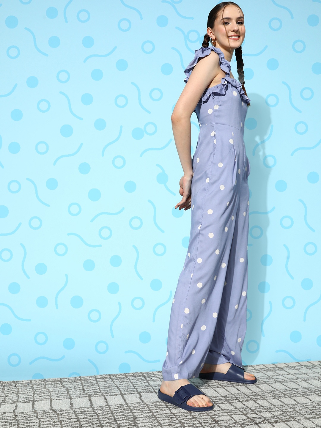 

Mast & Harbour Soft Blue Polka Dots Print Back On Streets-One Step Jumpsuit