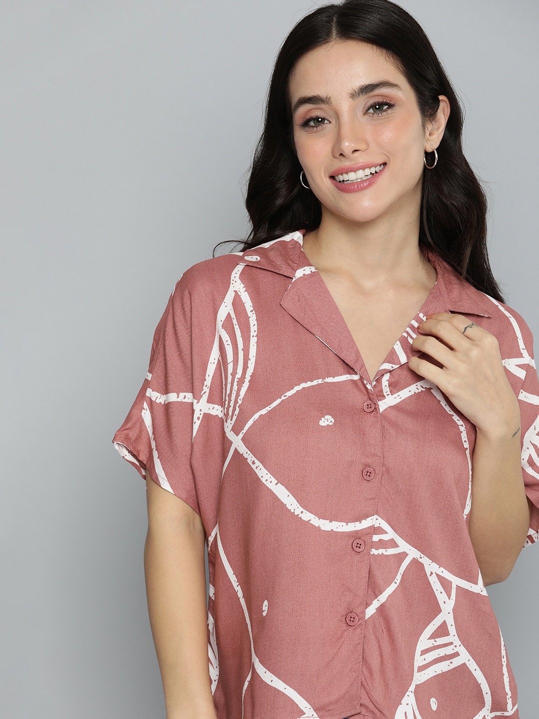 

Mast & Harbour Cuban Collar Abstract Printed Casual Shirt, Mauve