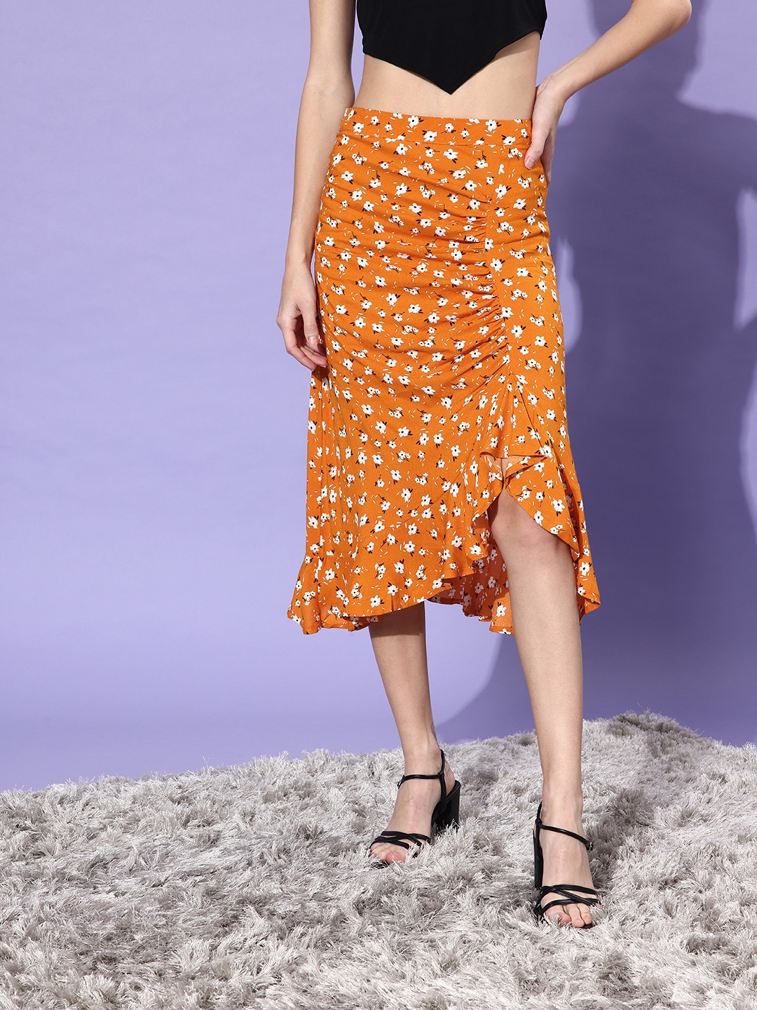 

Mast & Harbour Women Mustard Yellow Floral Print Wrap Straight Skirt