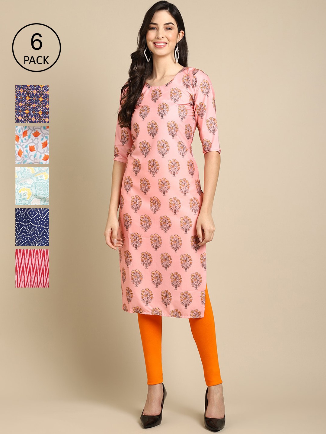 

7Threads Women Pack Of 6 Pink & Blue Geometric Printed Block Print Crepe Kurta