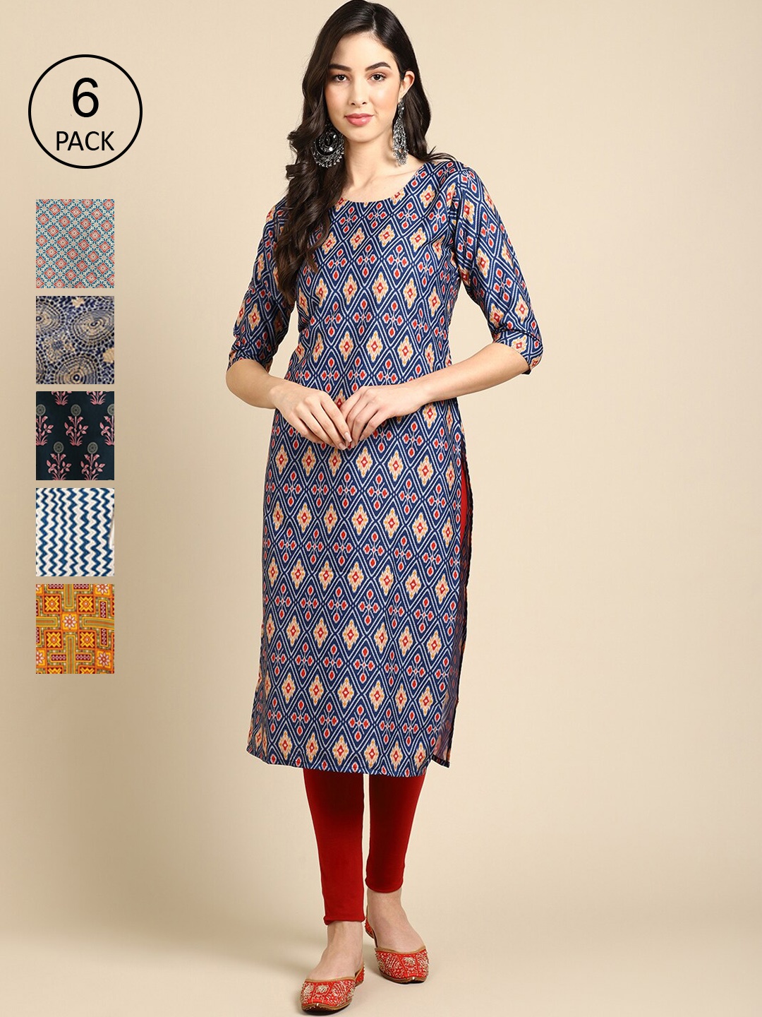 

7Threads Women Set Of 6 Multicoloured Ethnic Motifs Printed Crepe Kurta, Multi