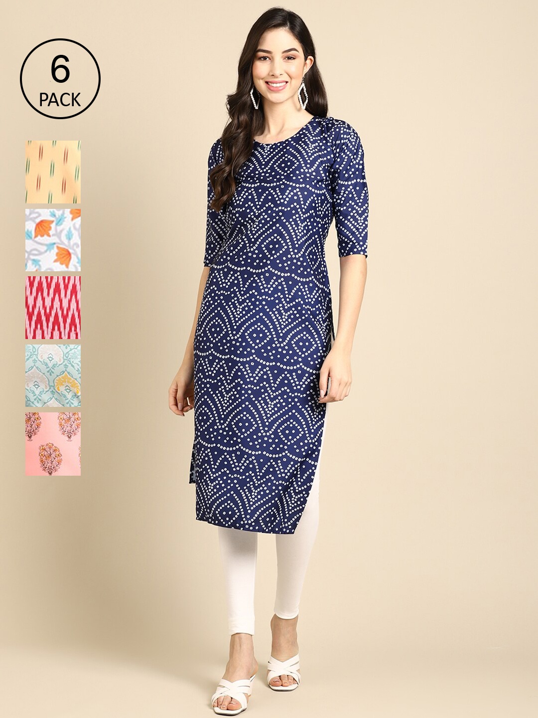 

7Threads Women Pack Of 6 Geometric Printed Thread Work Printed Crepe Kurta, Multi