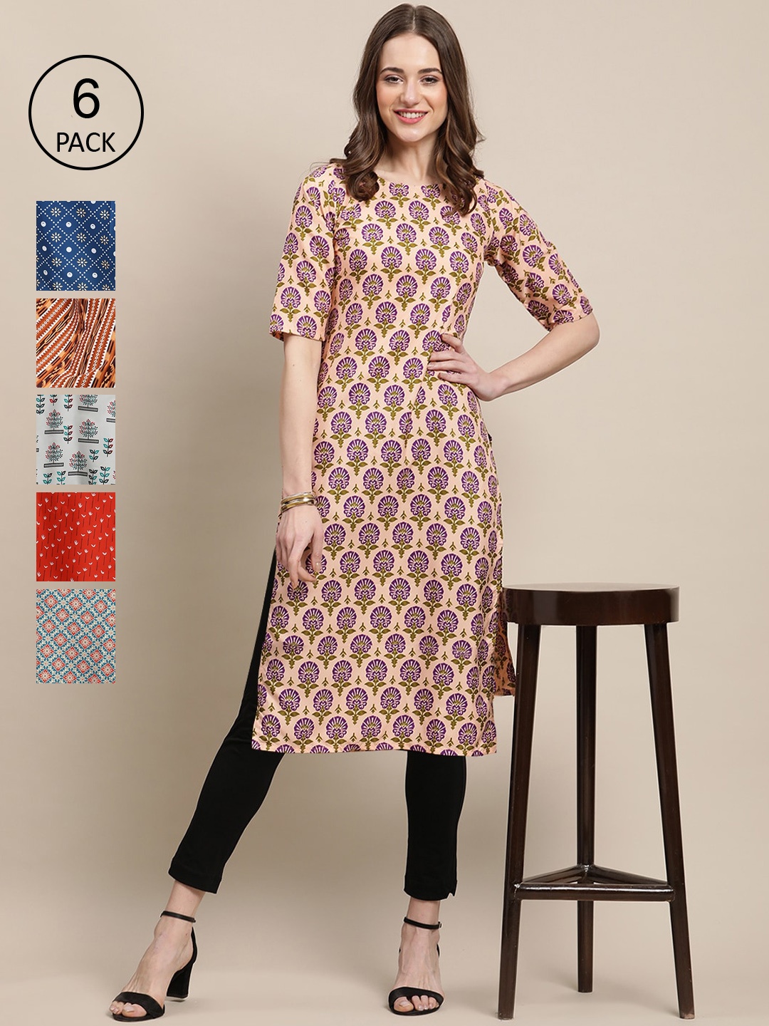 

7Threads Women's Crepe Multi Color Digital Printed Straight Kurta [PACK OF 6]
