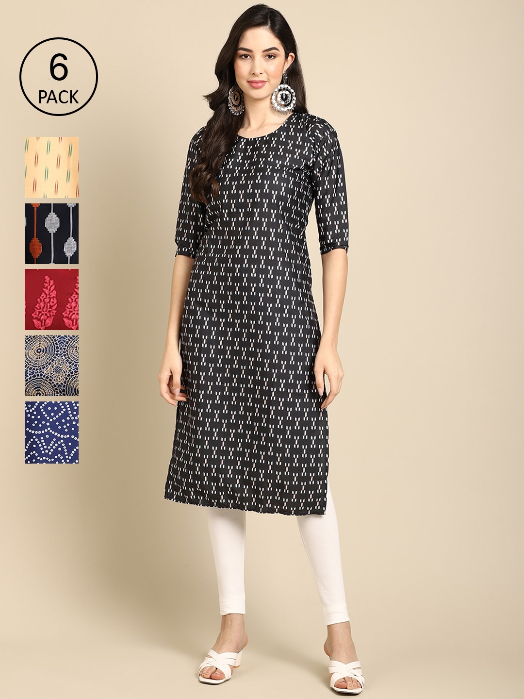 

7Threads Women Pack Of 6 Printed Block Print Crepe Kurtas, Black