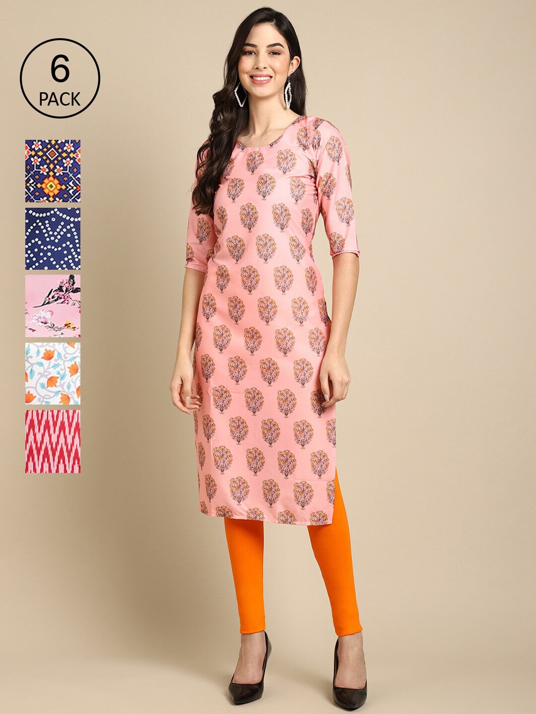 

7Threads Women Pack Of 6 Geometric Printed Block Print Crepe Kurta, Pink