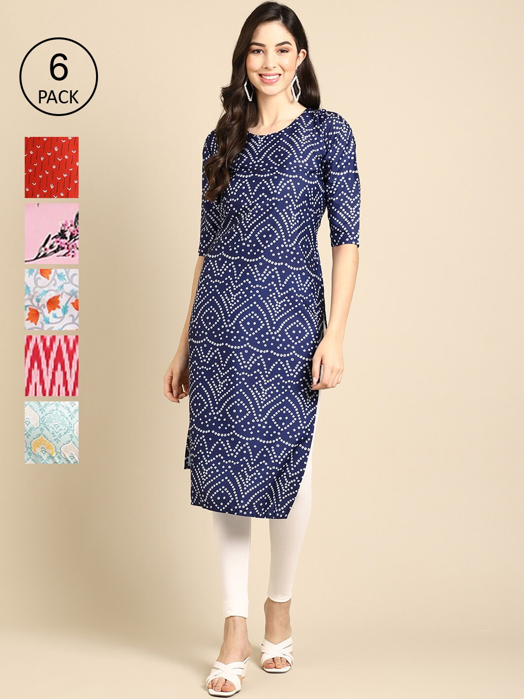 

1 Stop Fashion Women Pack Of 6 Blue & Pink Geometric Block Print Crepe Kurta