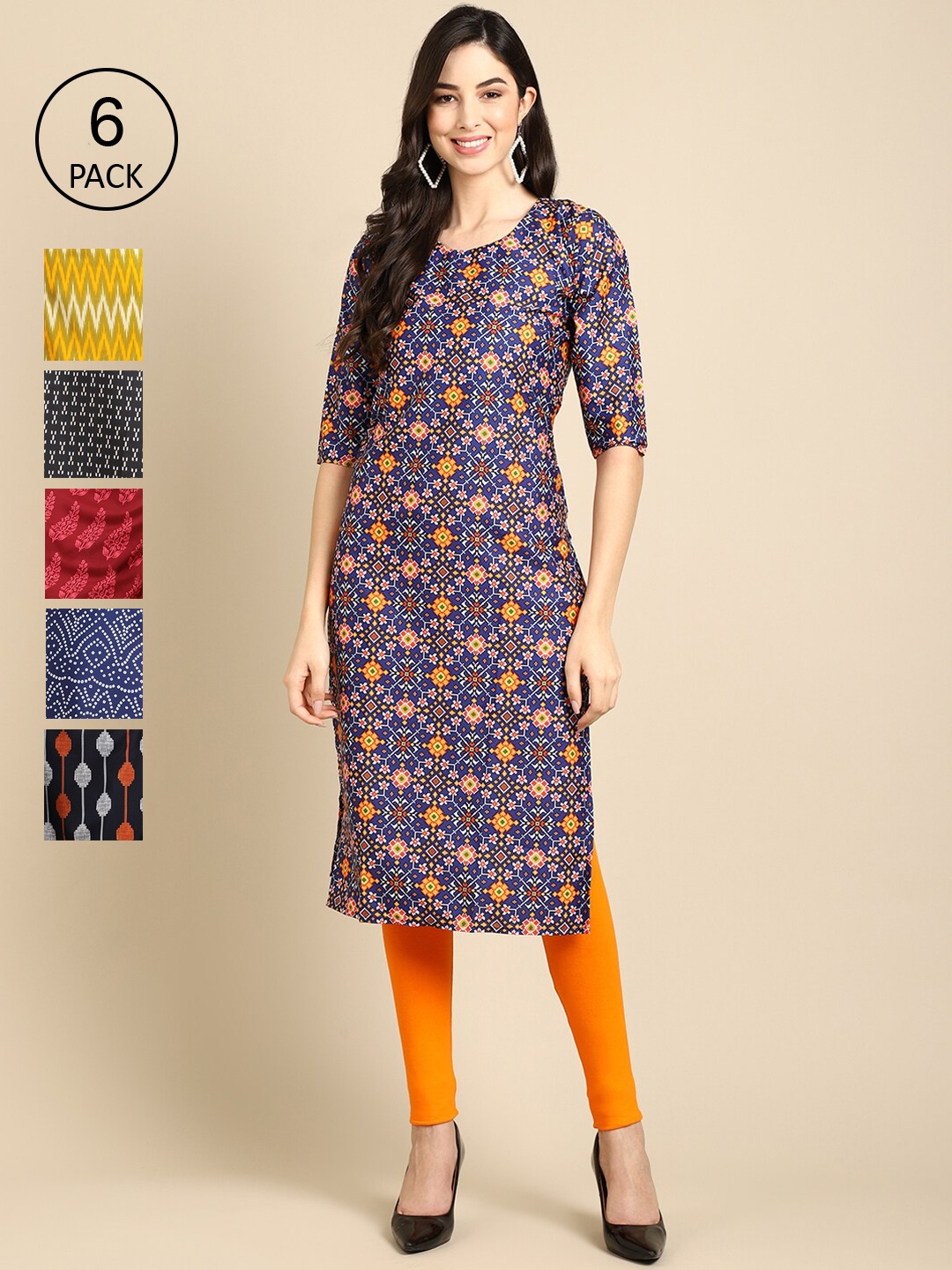 

7Threads Women Geometric Printed Block Print Crepe Kurta, Multi