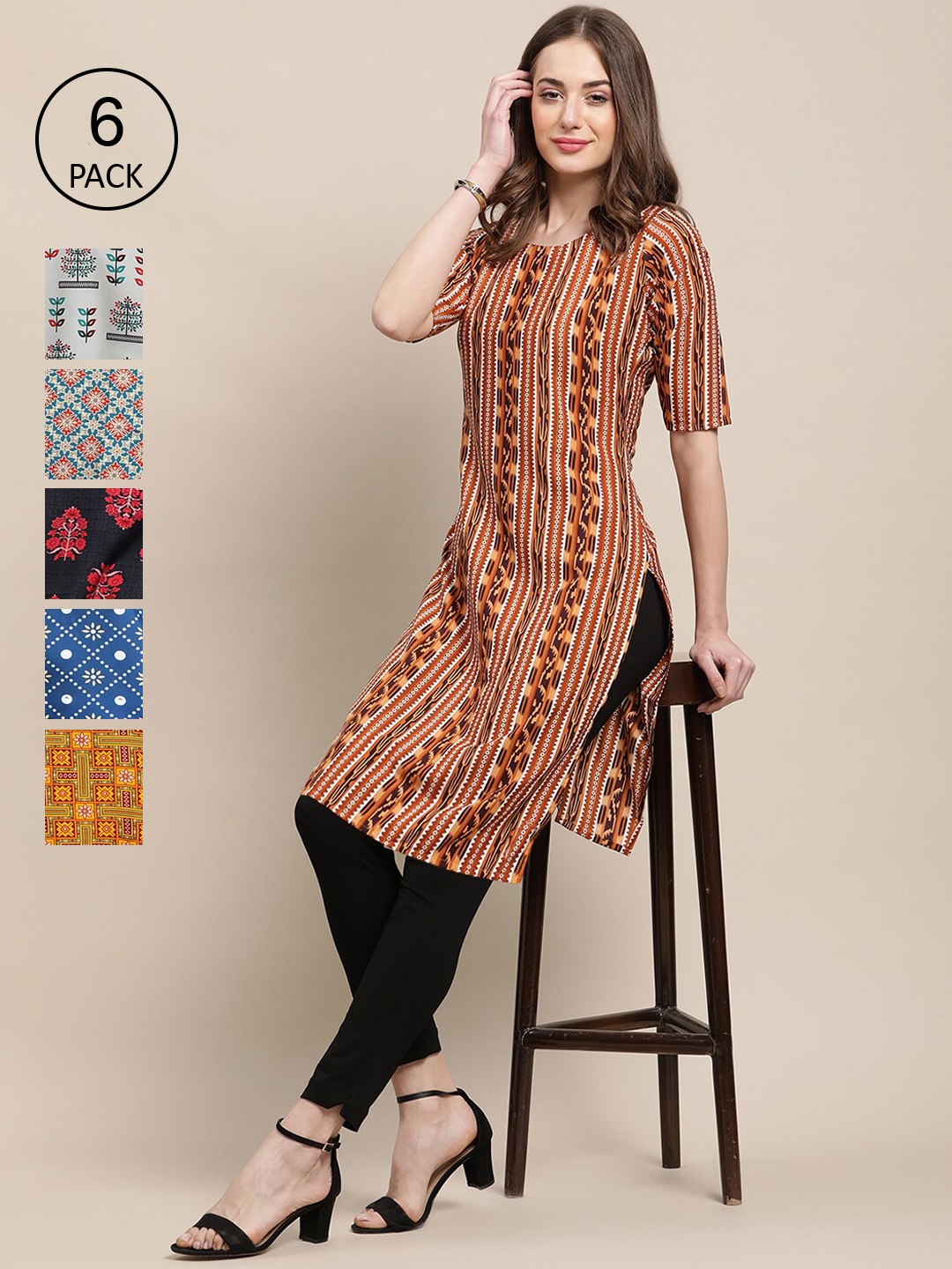 

7Threads Women Pack Of 6 Block Print Crepe Kurta, Black
