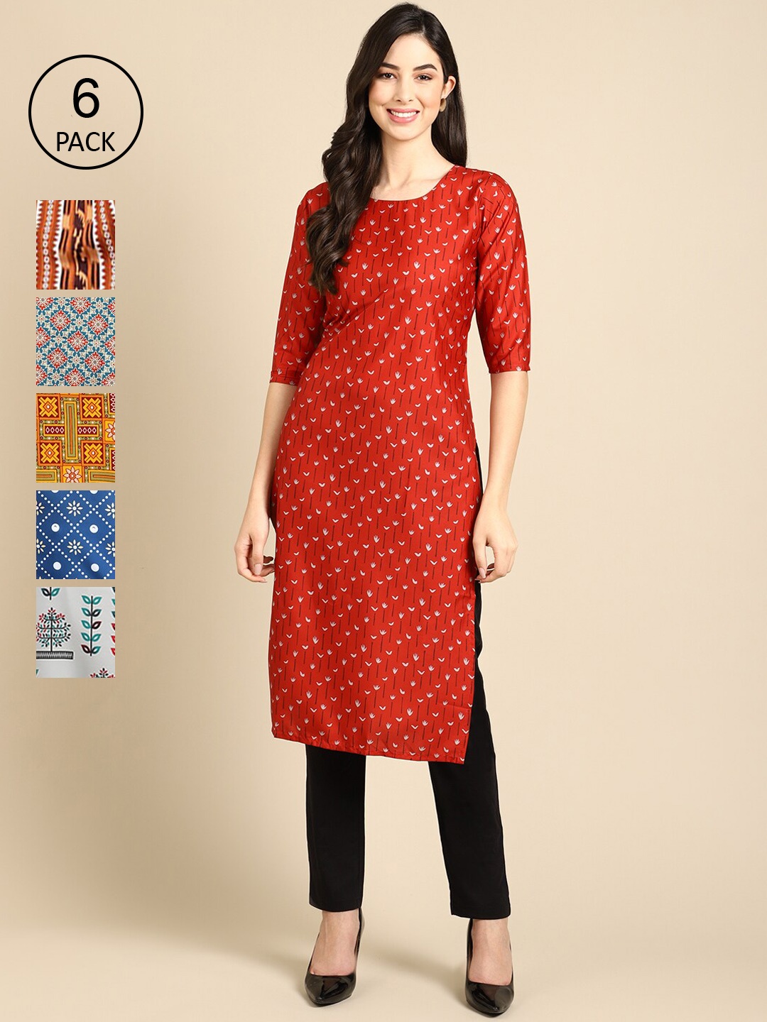 

7Threads Women Pack Of 6 Geometric Printed Block Print Crepe Kurta, Red