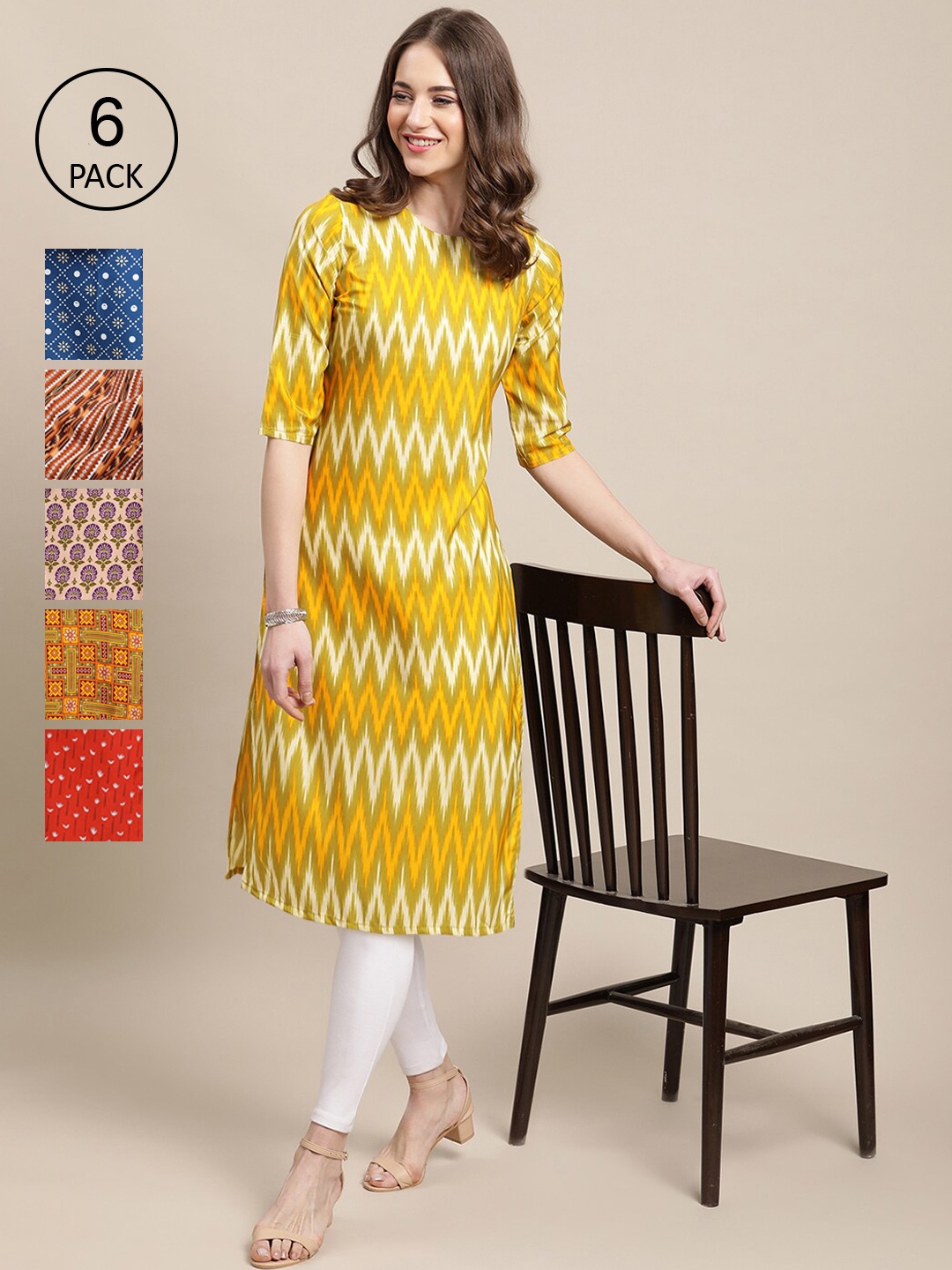 

1 Stop Fashion Women Pack Of 6 Ethnic Motifs Printed Block Print Crepe Kurta, Yellow