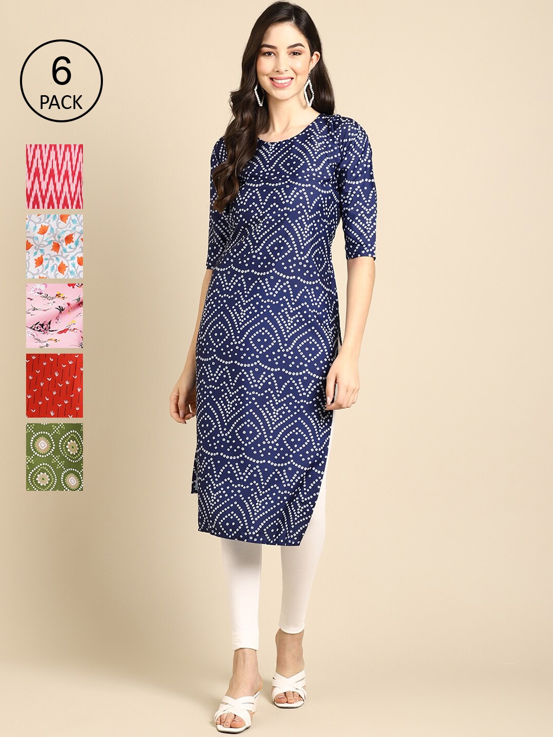 

7Threads Women Pack Of 6 Ethnic Motifs Digital Print Straight Kurta, Blue