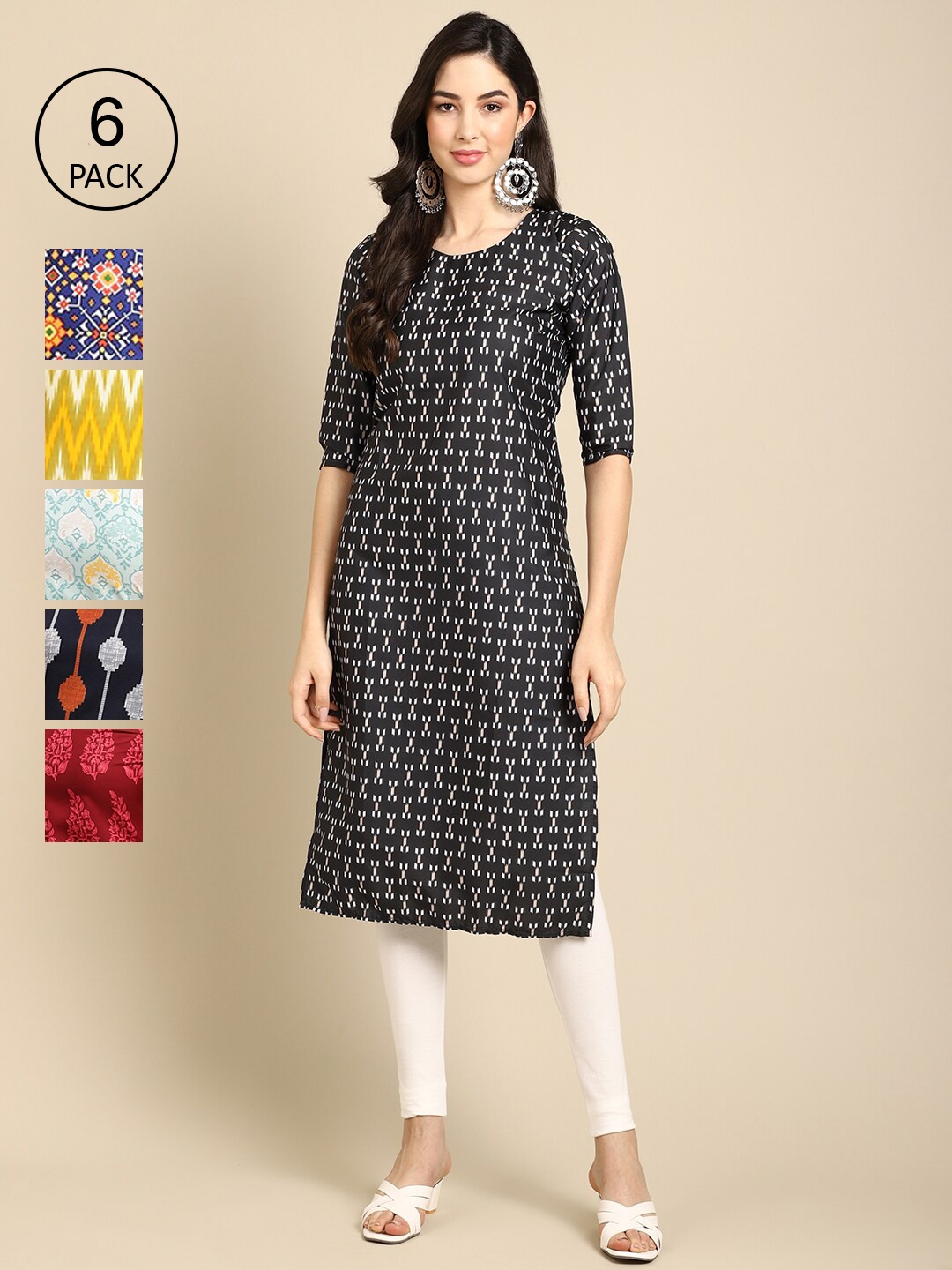 

7Threads Women Pack Of 6 Multicoloured Geometric Checked Crepe Kurta, Multi