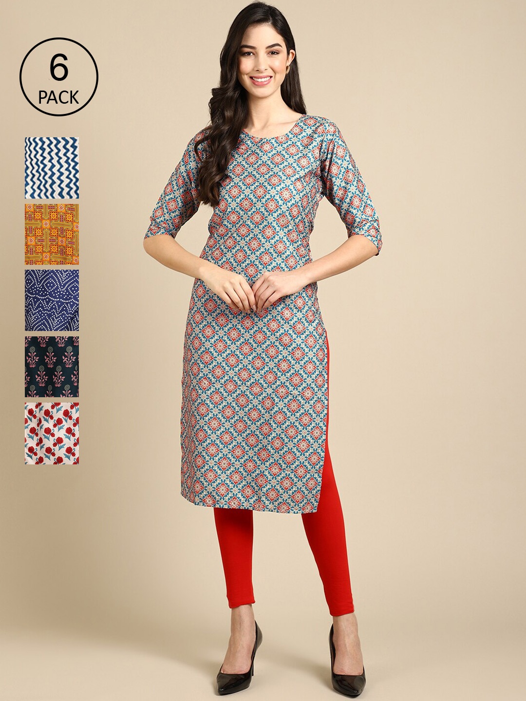 

7Threads Women Pack of 6 Printed Block Print Crepe Kurta, Grey
