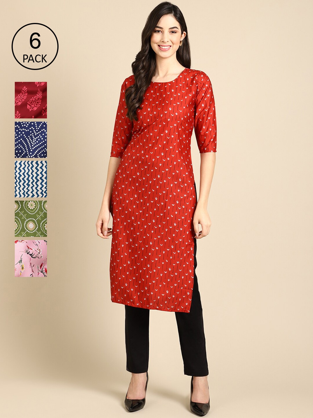 

7Threads Women Pack of 6 Printed Block Print Crepe Anarkali Kurta, Red