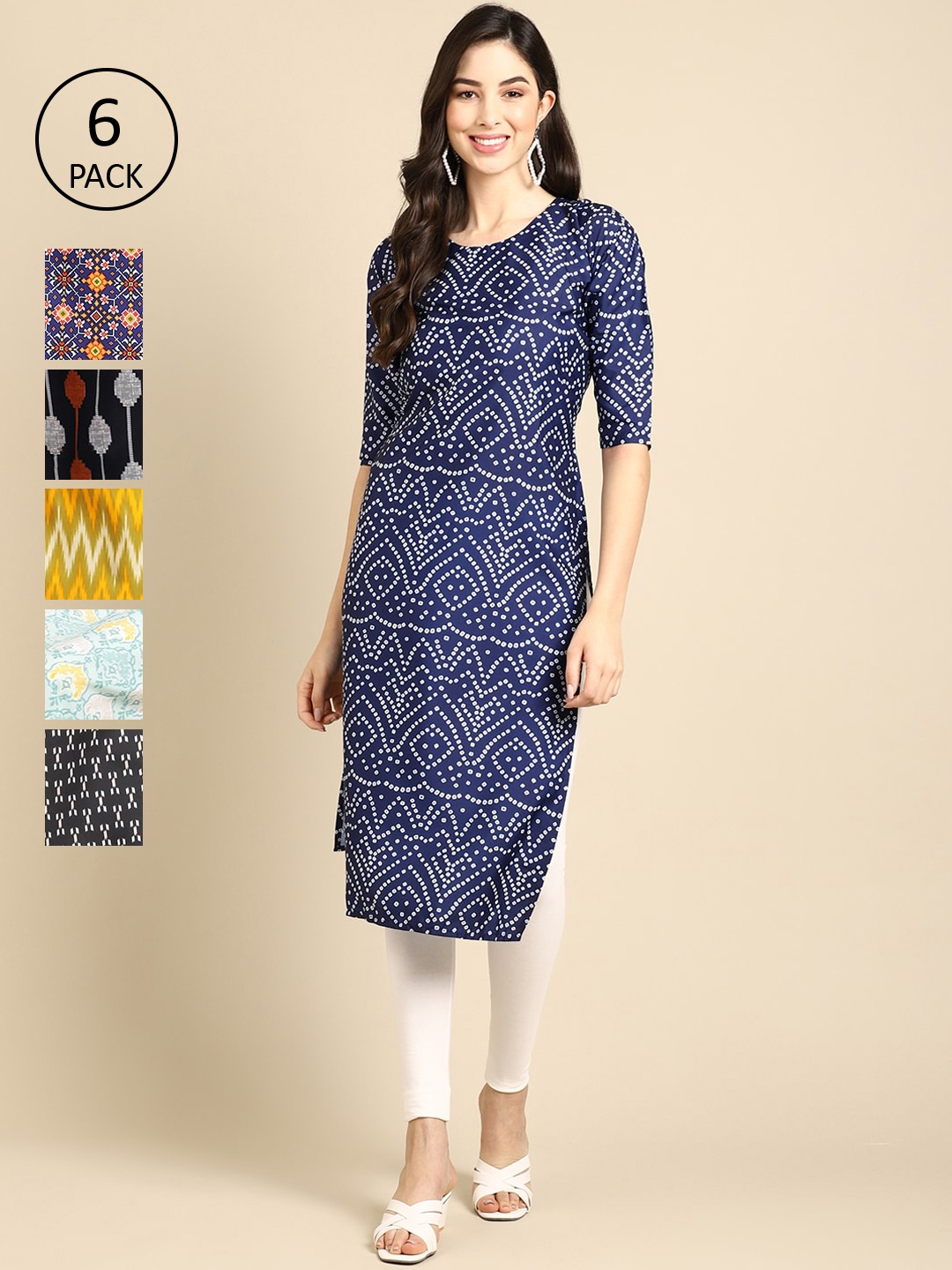 

1 Stop Fashion Women Pack Of 6 Geometric Printed Crepe Kurta, Blue