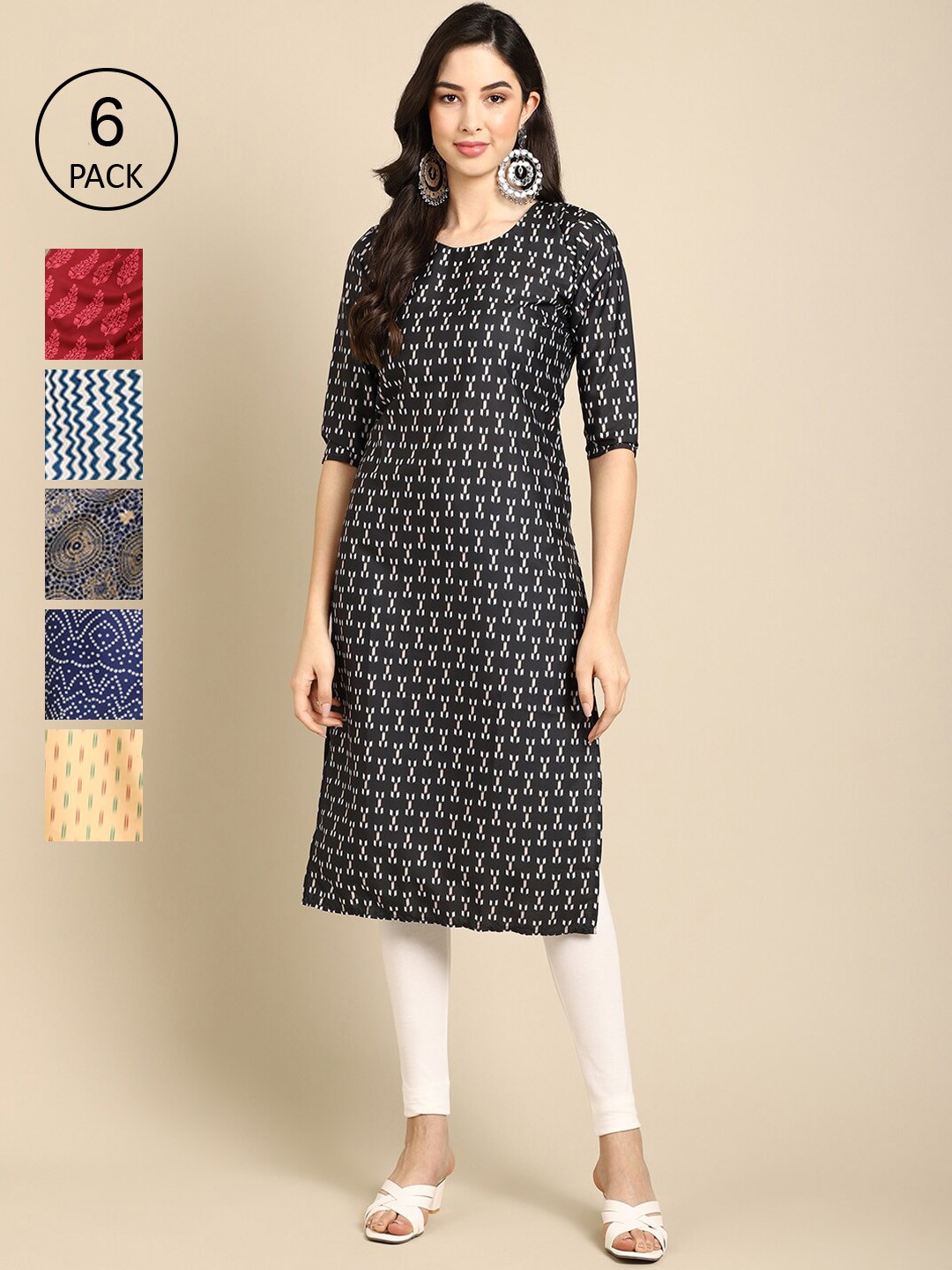 

7Threads Women's Crepe Multi Color Digital Printed Straight Kurta [PACK OF 6]