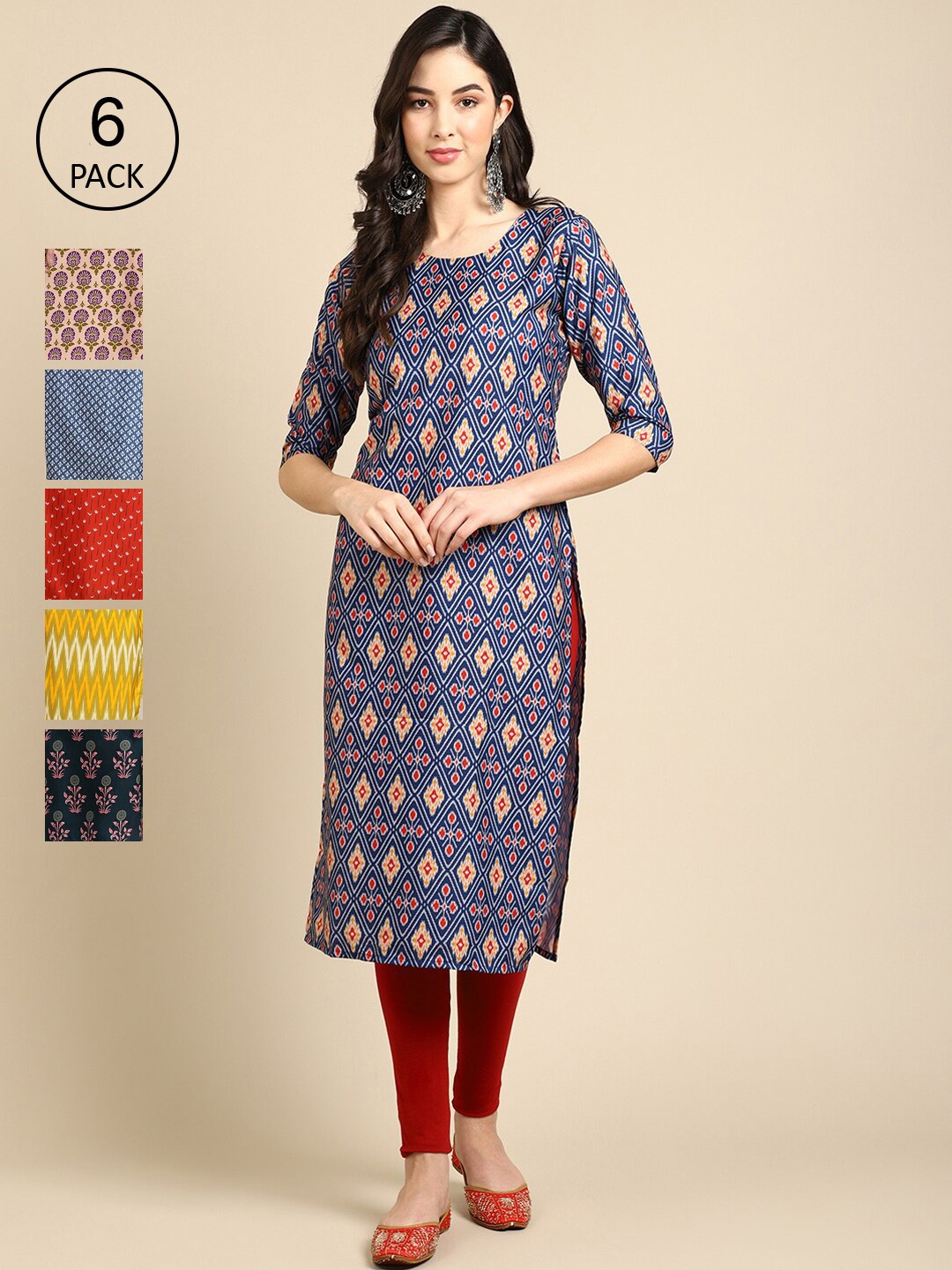 

7Threads Women Pack Of 6 Printed Block Print Crepe Kurtas, Yellow