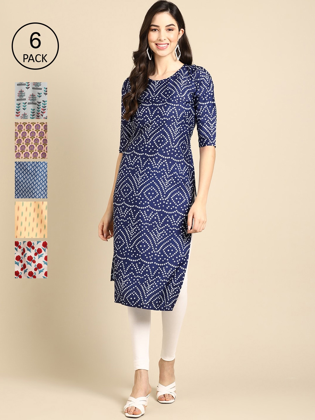 

7Threads Women Pack of 6 Printed Block Print Crepe Kurta, Blue