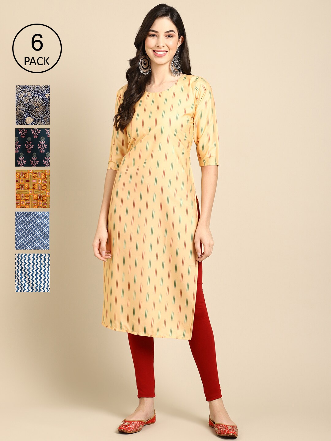 

7Threads Women Black & Orange Pack Of 6 Floral Printed Block Print Crepe Kurta
