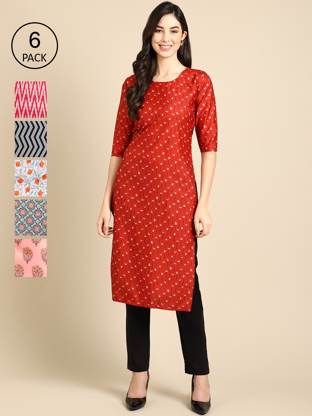 

7Threads Women Pack of 6 Printed Crepe Kurta, Red