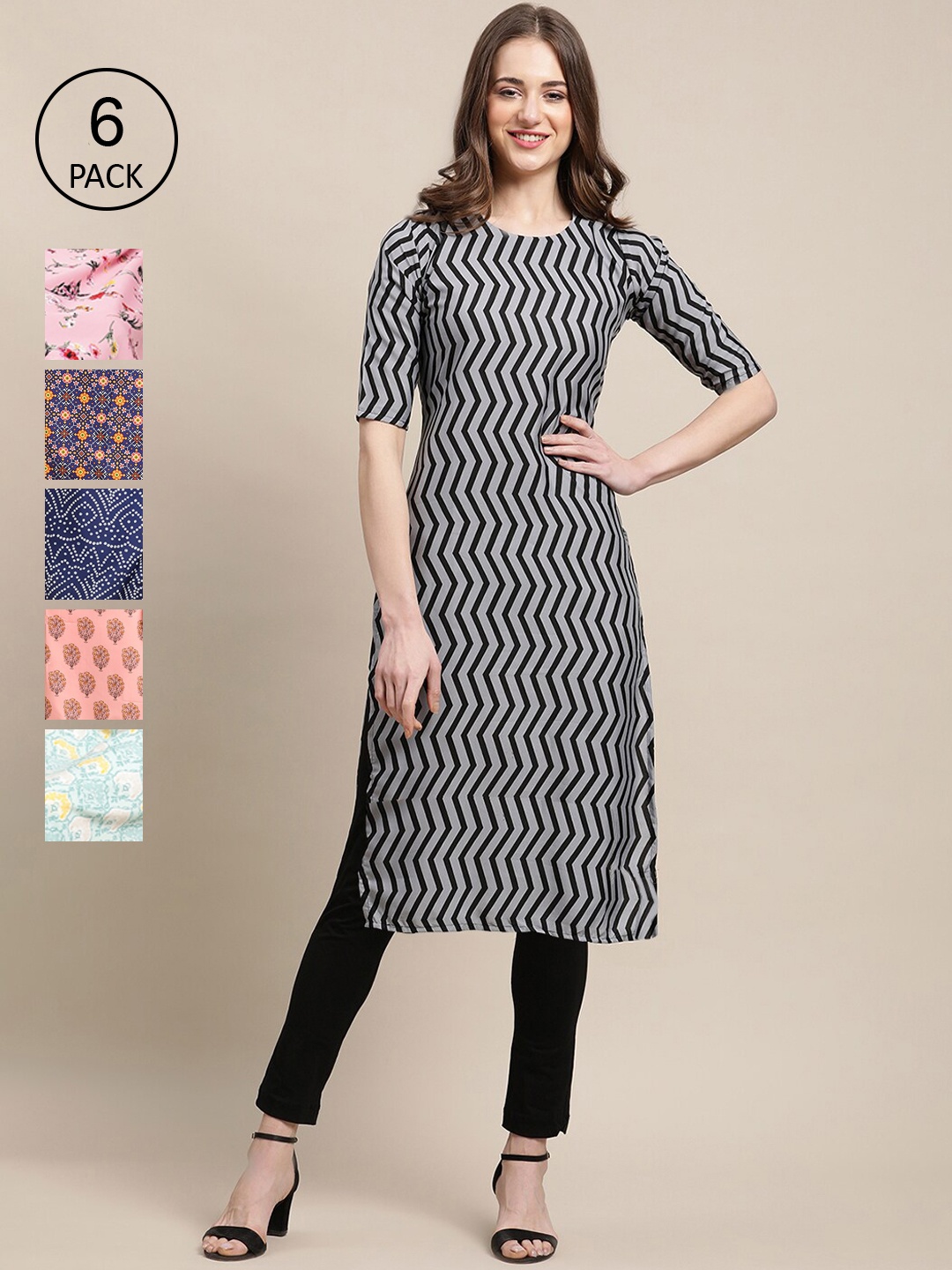 

7Threads Women Grey Blue Green Floral Printed Thread Work Block Print Crepe Kurta, Multi