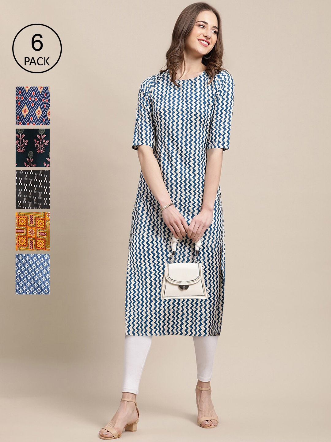 

7Threads Women Off White & Navy Blue Geometric Printed Crepe Pack of 6 Kurta