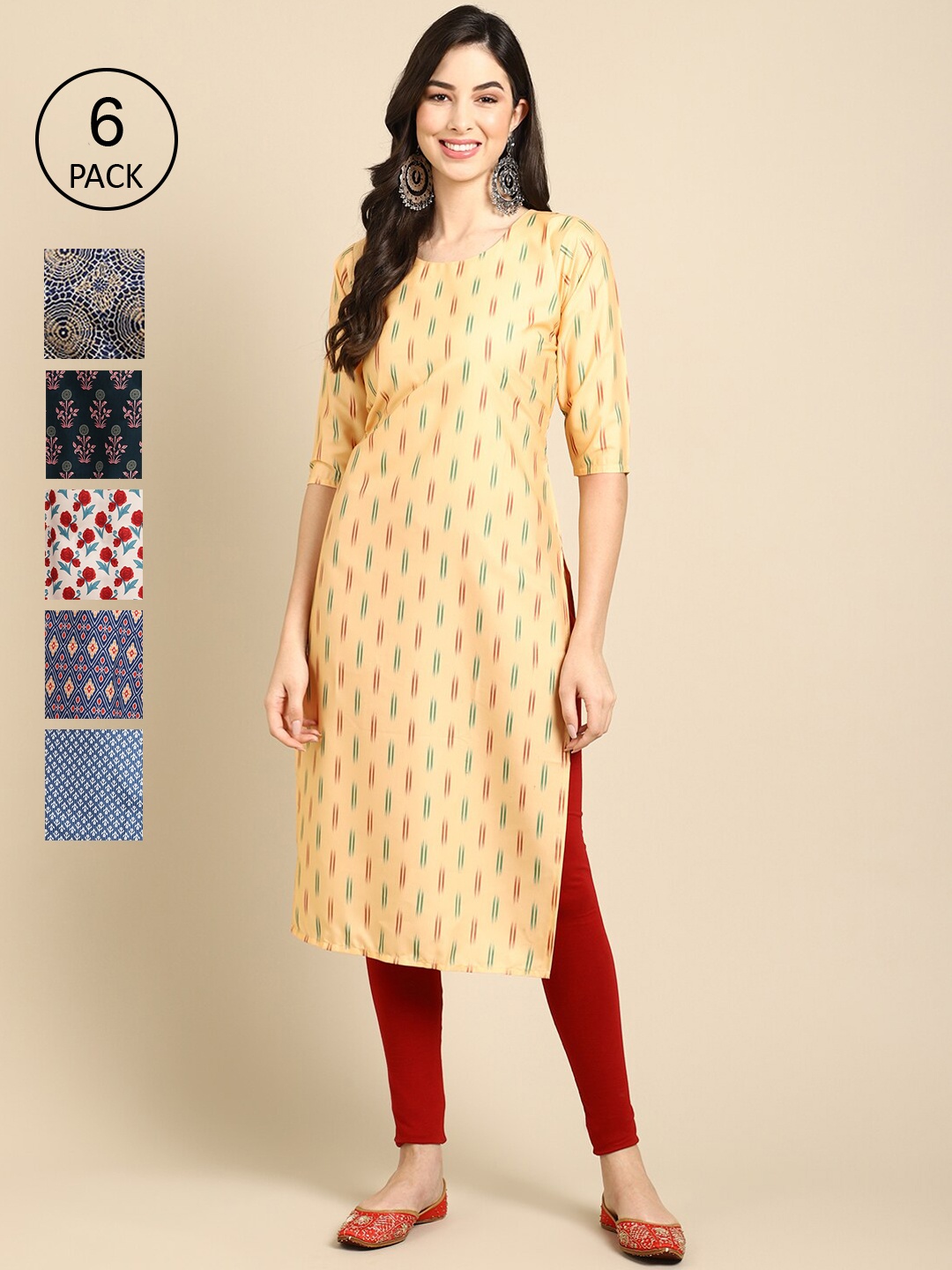 

7Threads Women Red And Yellow Geometric Striped Block Print Crepe Kurta [PACK OF 6]