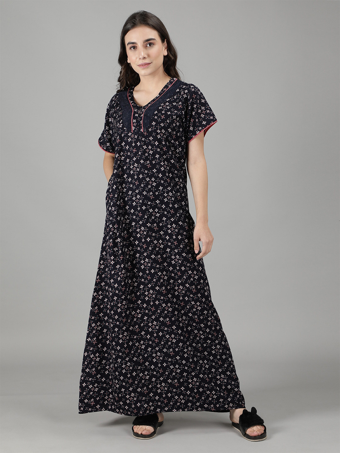 

NIGHTSPREE Women Navy Blue Printed Maxi Nightdress