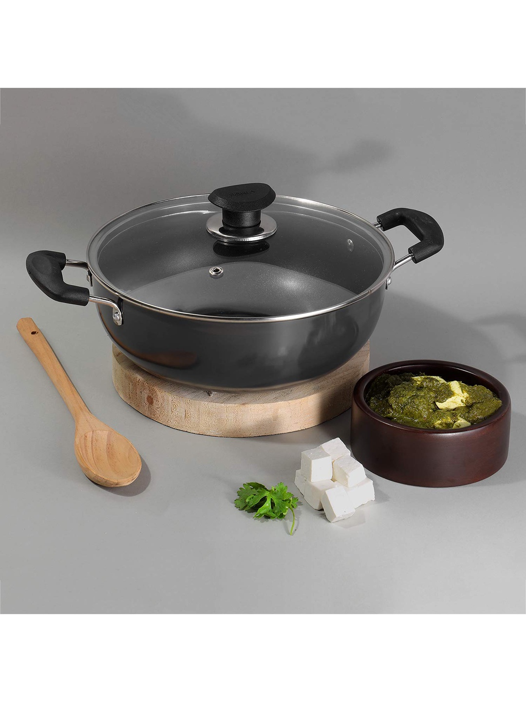 

Vinod Black Dishwasher safe Solid Non-Stick Deep Kadai With Glass Lid, Silver