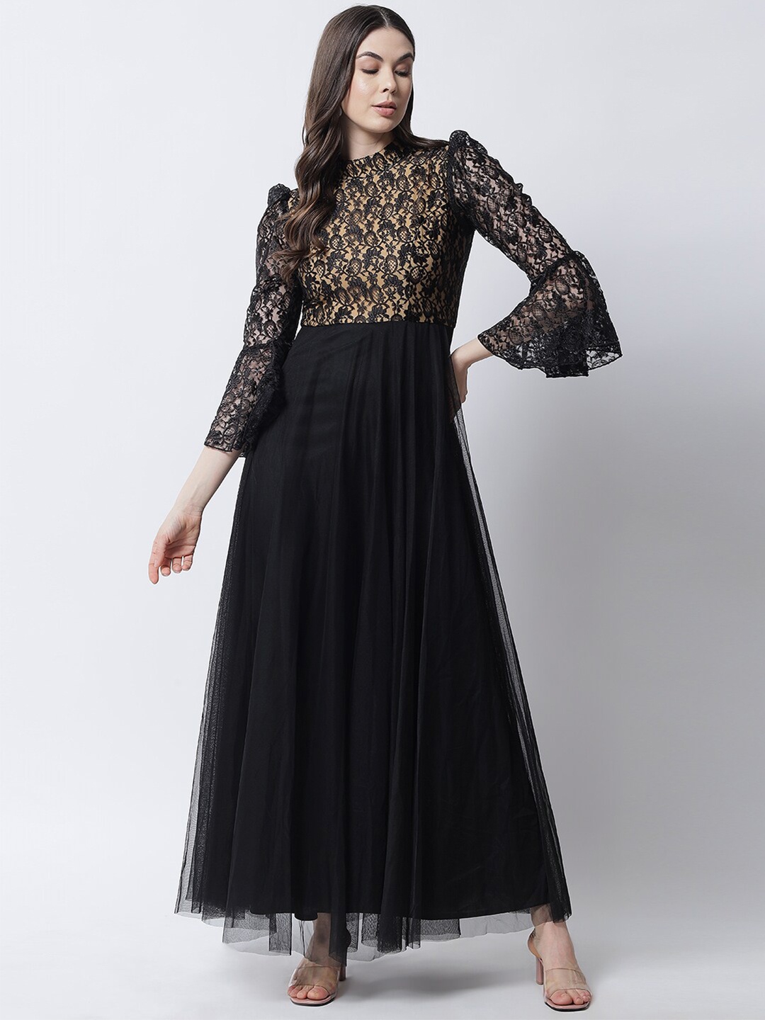 

MARC LOUIS Black Floral Net Maxi Dress