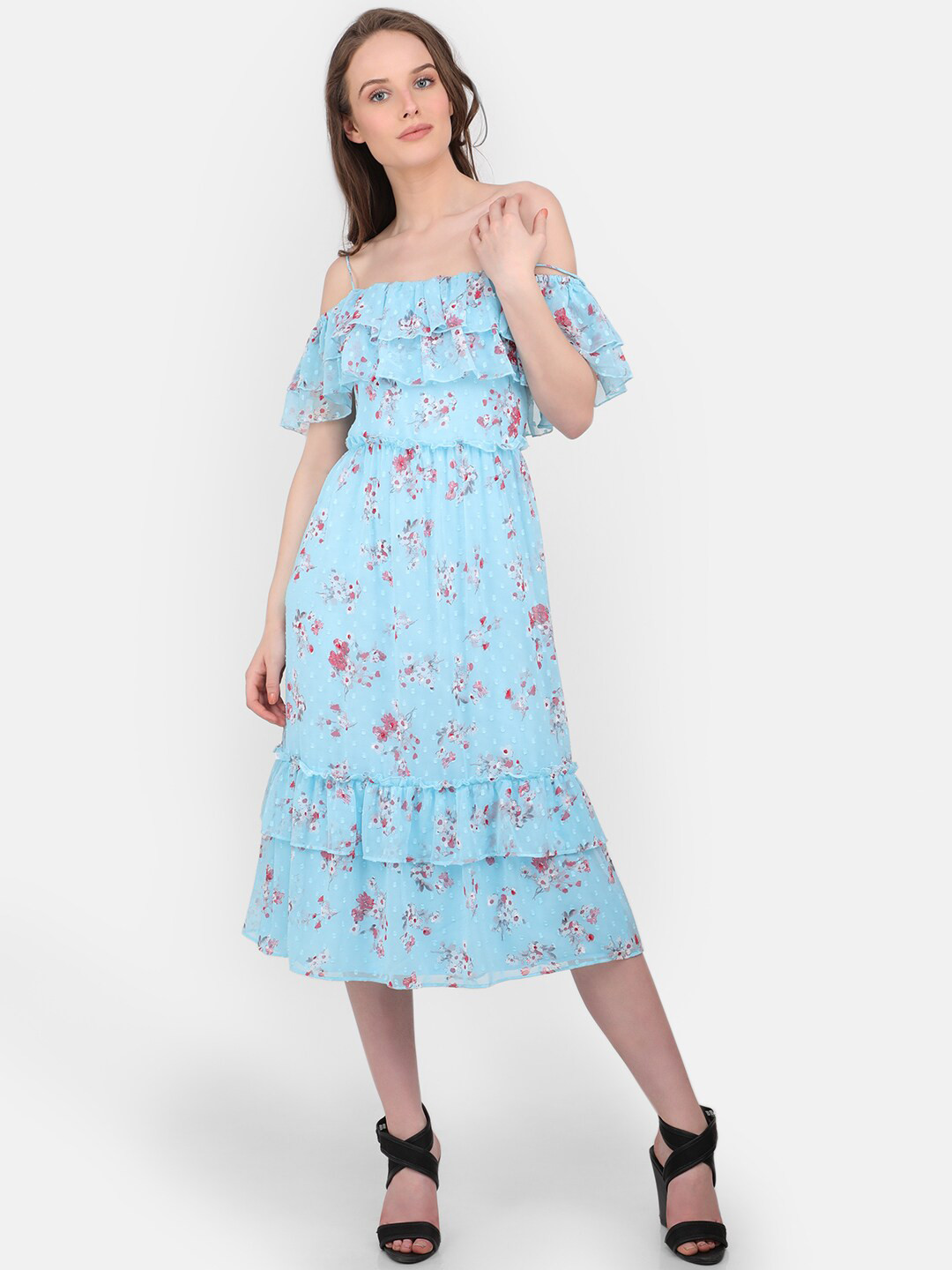 

MARC LOUIS Blue Floral Off-Shoulder Layered Chiffon Midi Dress