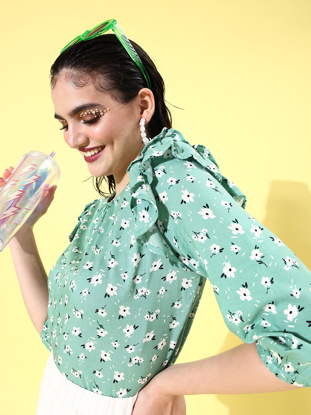 

Mast & Harbour Women Sea Green Floral Print Ruffles Top