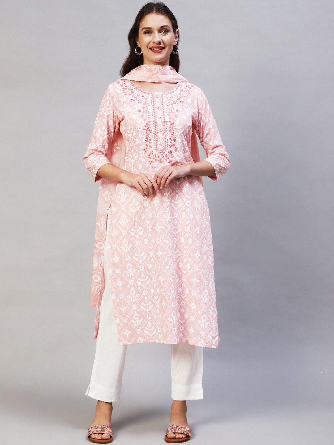 

FASHOR Women Pink Embroidered Pleated Sequinned Pure Cotton Kurta with Trousers
