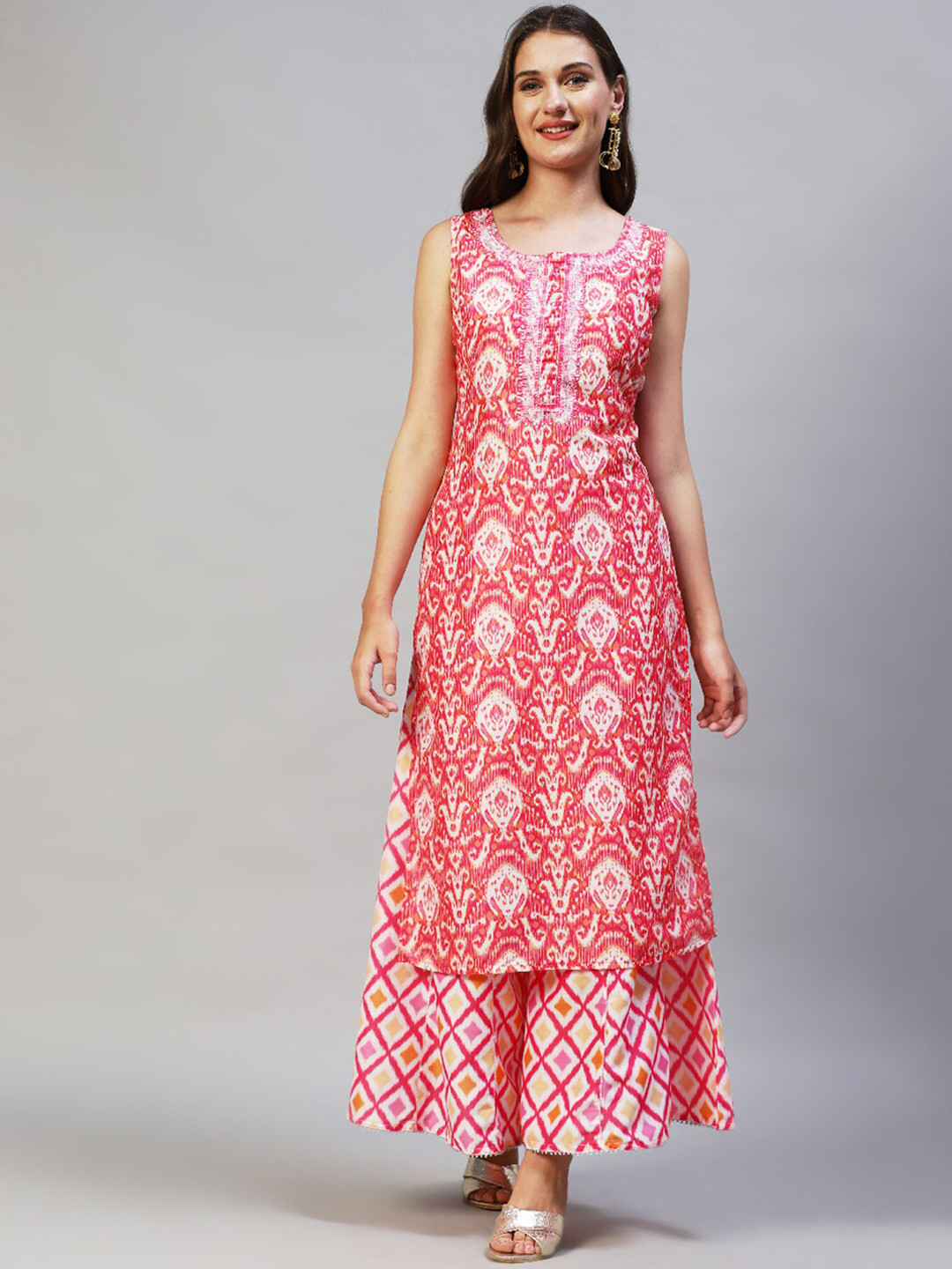 

FASHOR Women Pink Ethnic Motifs Printed Sequinned Pure Cotton Kurta with Palazzos