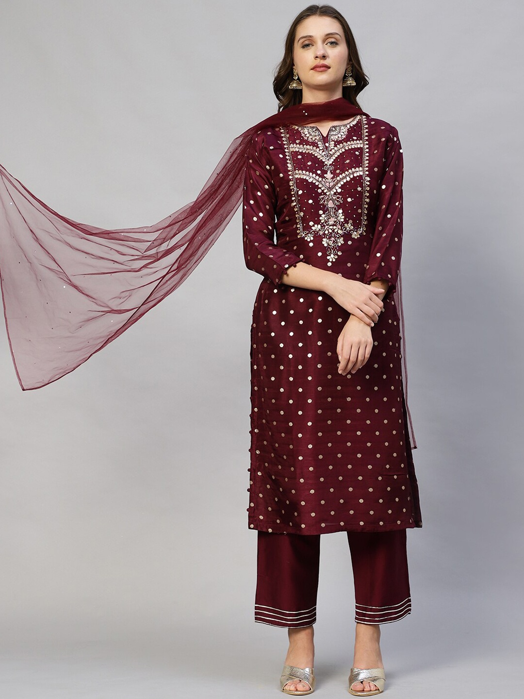 

FASHOR Women Maroon Ethnic Motifs Embroidered Sequinned Kurta with Trousers & With Dupatta