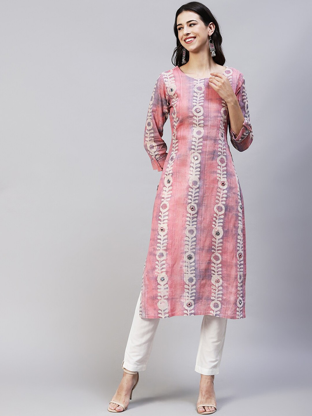 

FASHOR Women Pink & White Embroidered Mirror Work Kurta