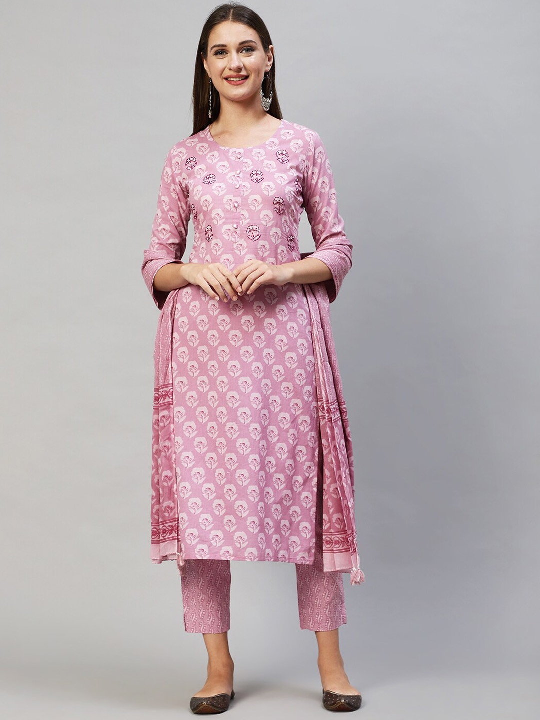 

FASHOR Women Mauve Floral Printed Sequinned Pure Cotton Kurta with Trousers & With Dupatta