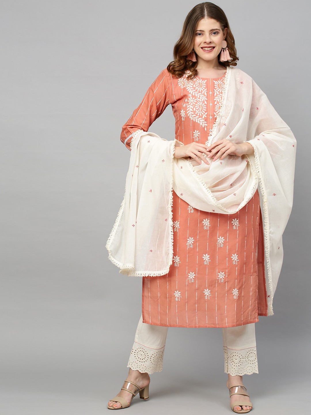 

FASHOR Women Coral Floral Embroidered Kurta with Trousers & Dupatta